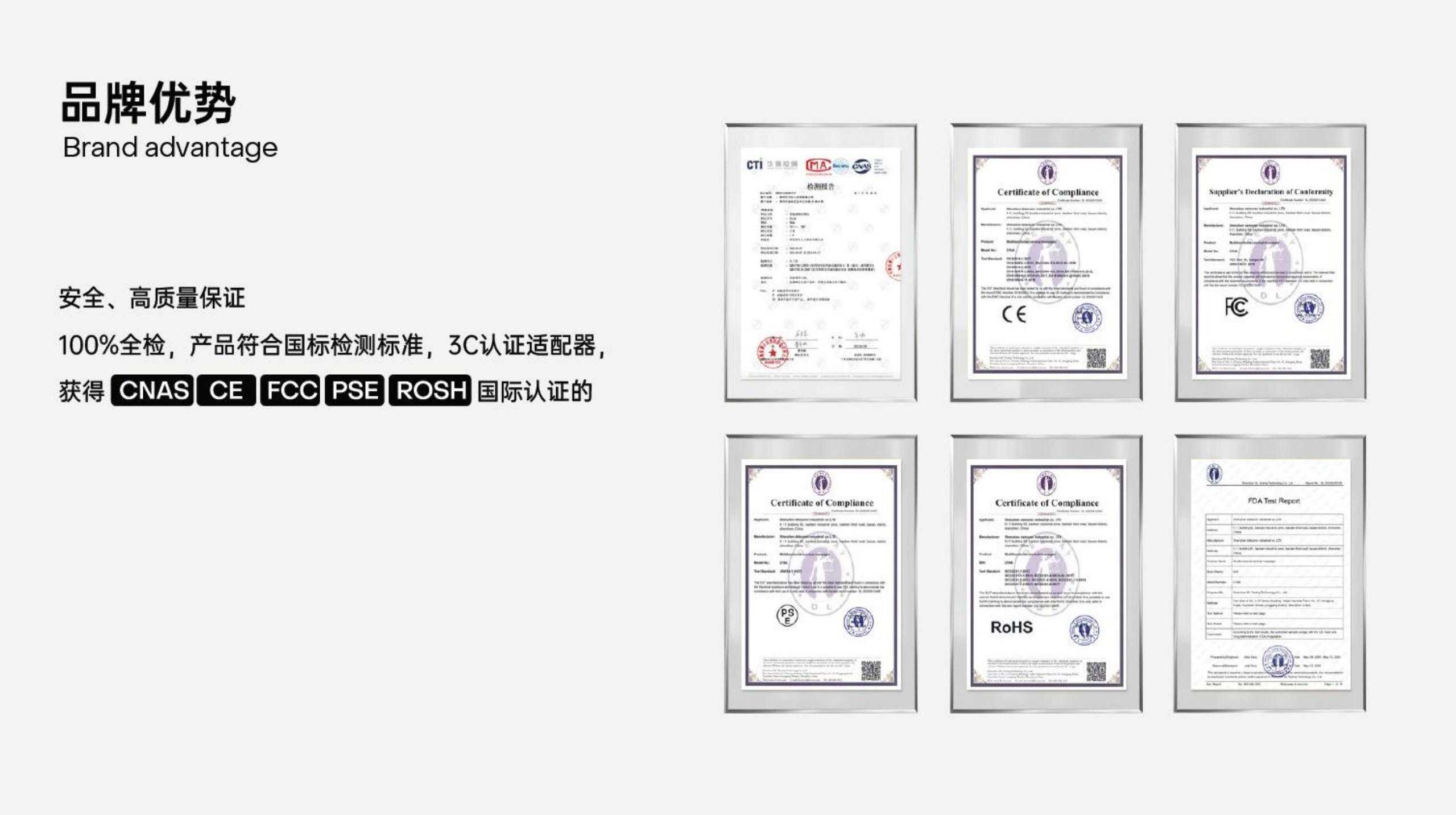 Certificate wall — CNAS, CE, FCC, PSE, RoHS certifications
